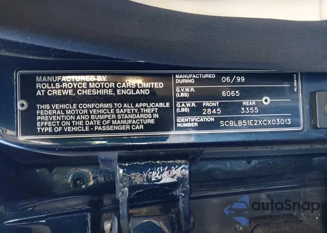 1999 Bentley Arnage from USA, damaged, VIN SCBLB51E2XCX03013